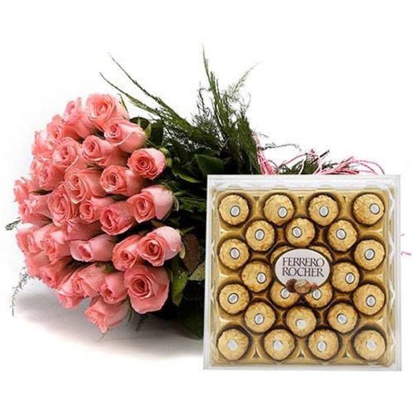 Pink Petals Delight: 30 Roses Bunch with 24 Ferrero Rocher Box